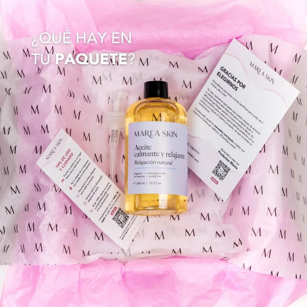 Aceite calmante y relajante en su caja y con los complementos que incluye la compra