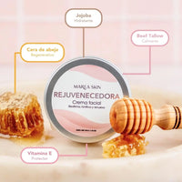 Ingredientes y beneficios de la crema facial rejuvenecedora: cera de abeja, jojoba, vitamina e y beef tallow